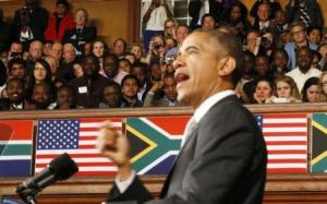 U.S. President Barack Obama delivers remarks at the University of Cape Town