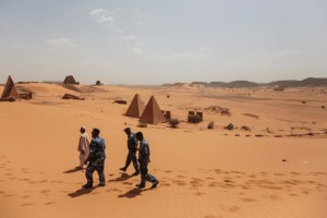  Members of the Sudanese security forces guard the historic Meroe pyramids in al-Bagrawiya, 200 kilometers (125 miles) north of Khartoum, Sudan.