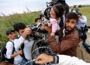 A Syrian migrant hands a girl to another migrant over the Hungarian-Serbian border fence, as they cross into Hungary near Roszke