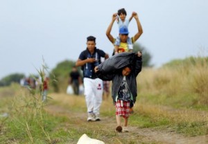 Syrian migrants walk along a road after crossing the Hungarian-Serbian border into Hungary, near Roszke